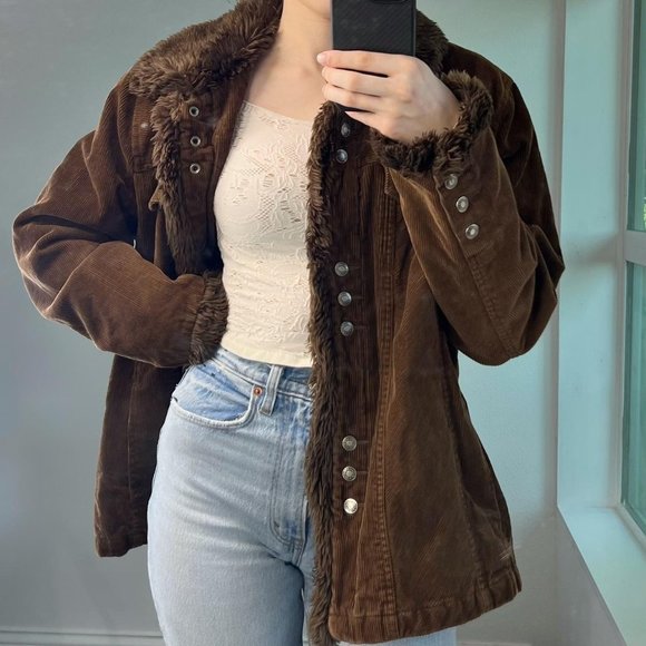 Colebrook Jackets & Coats Y2k Corduroy Cord Brown Faux Fur Trim